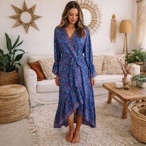 Follow Your Soul Boho True Wrap Dress L/XL Teal Paisley Silk Ruffles Tassels